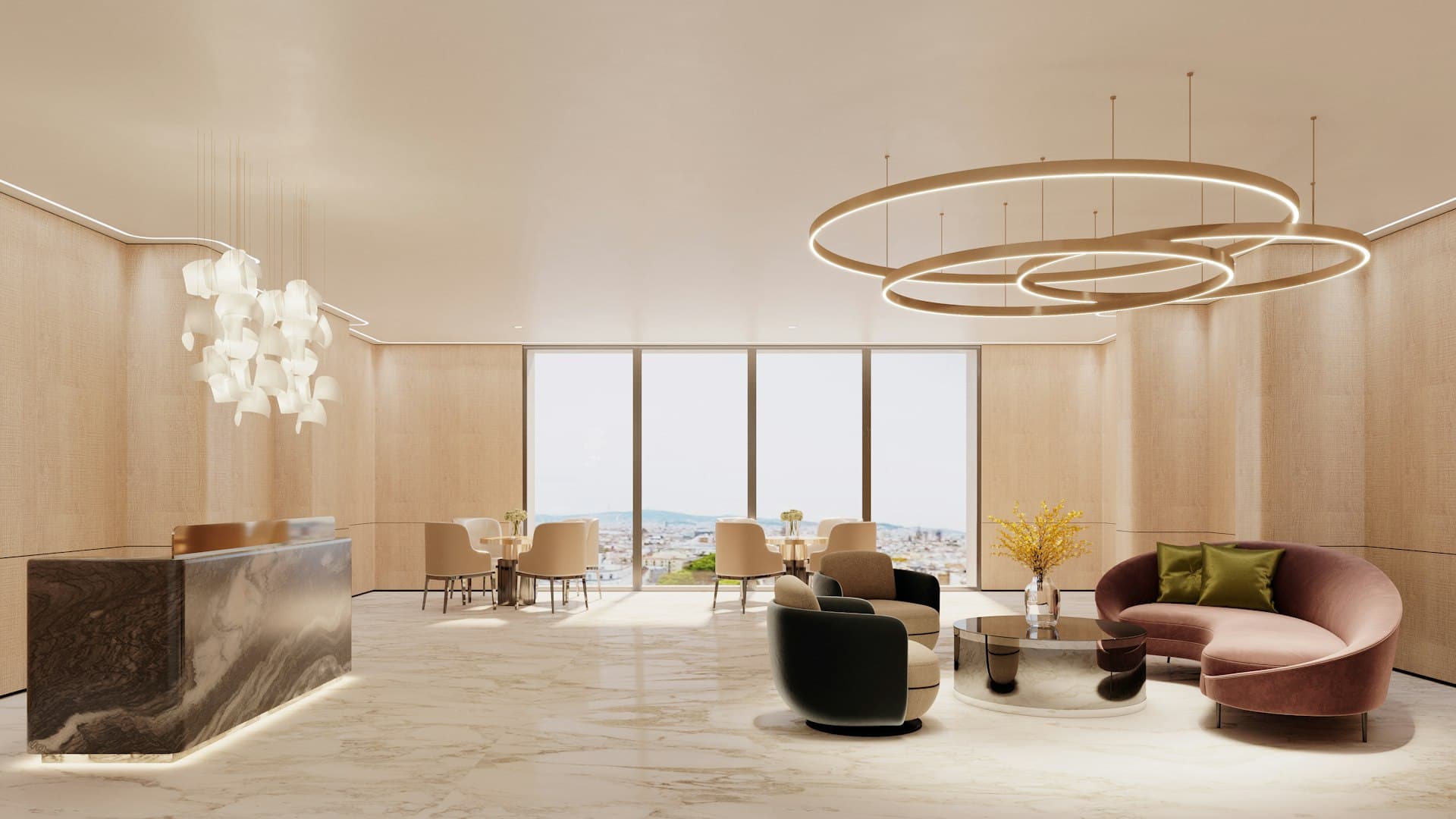 An empty lounge on an upper office floor: low seating, a ring pendant light, and a glazed wall onto the skyline.