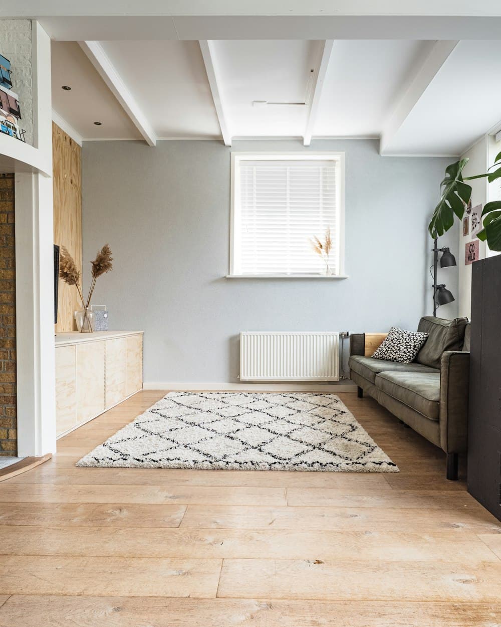 A tidy sitting room with a patterned rug, a low sofa and a radiator beneath a shuttered window.
