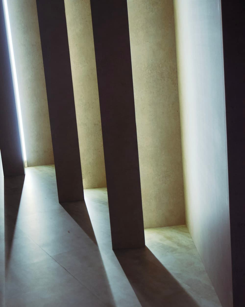Bands of daylight and shadow falling across a pale hall from a run of tall columns.