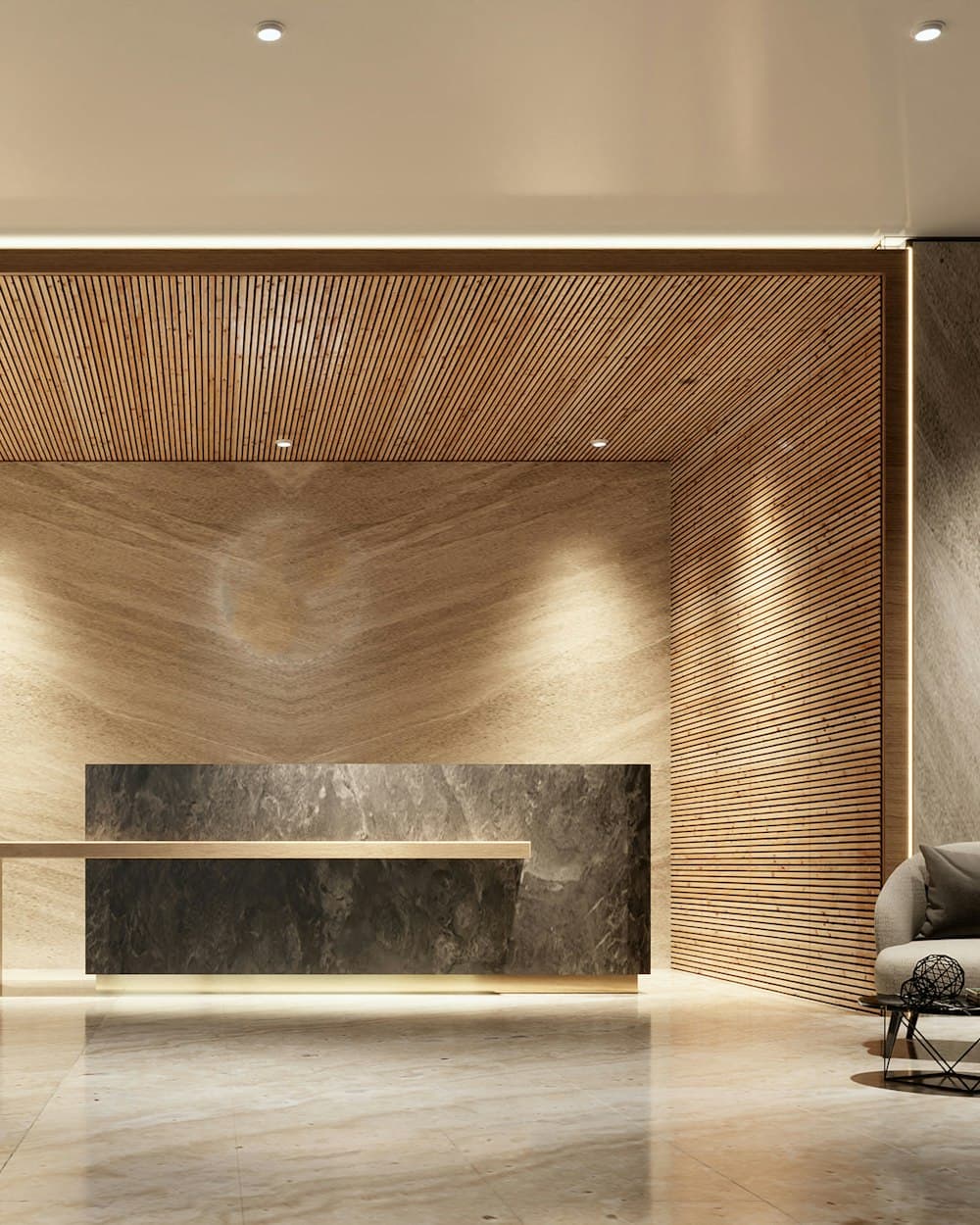An office reception under a slatted timber ceiling, the desk clear and the lighting low and even.