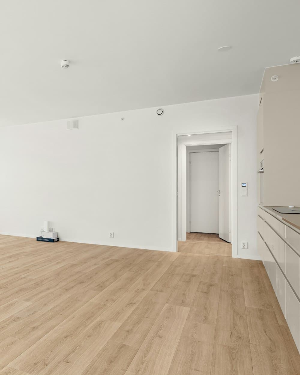 An empty room ready for handover: bare white walls, new oak flooring, an open door to a hallway.